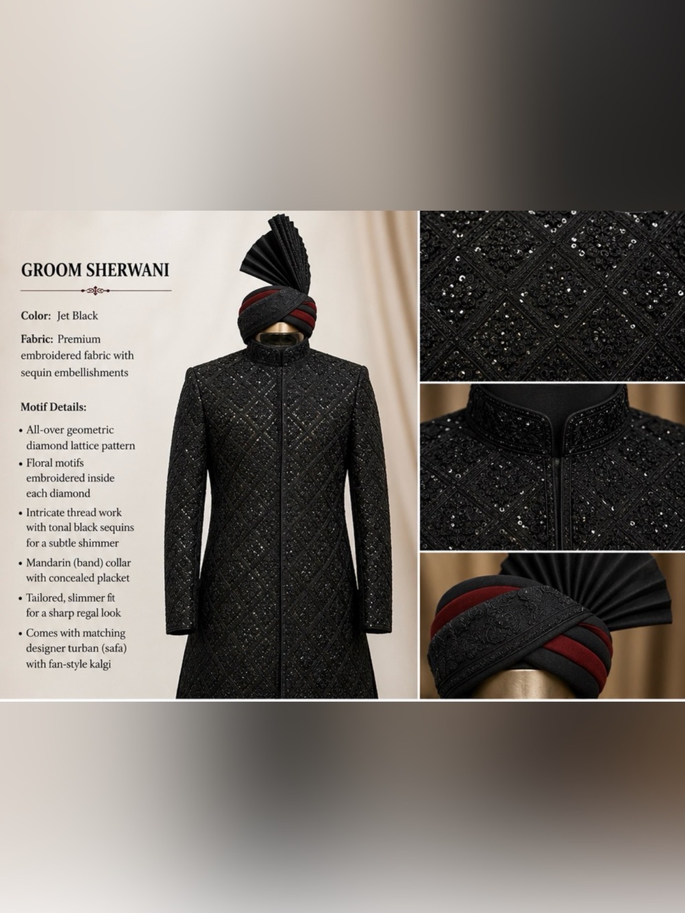 Groom Sherwani Jet Black Embroidered Jacket